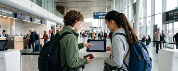 Un couple vu de dos vérifie des documents de voyage sur une tablette au comptoir d'enregistrement d'un aéroport moderne et lumineux