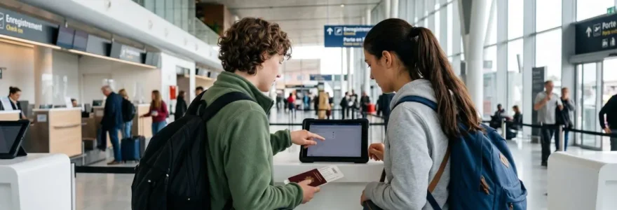 Un couple vu de dos vérifie des documents de voyage sur une tablette au comptoir d'enregistrement d'un aéroport moderne et lumineux
