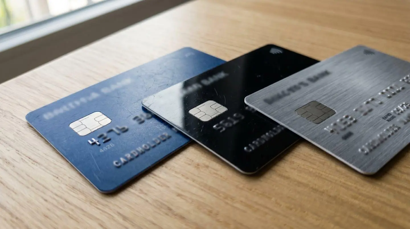 Gros plan sur plusieurs cartes bancaires de couleurs différentes posées sur une surface blanche contemporaine, focus sur les puces électroniques
